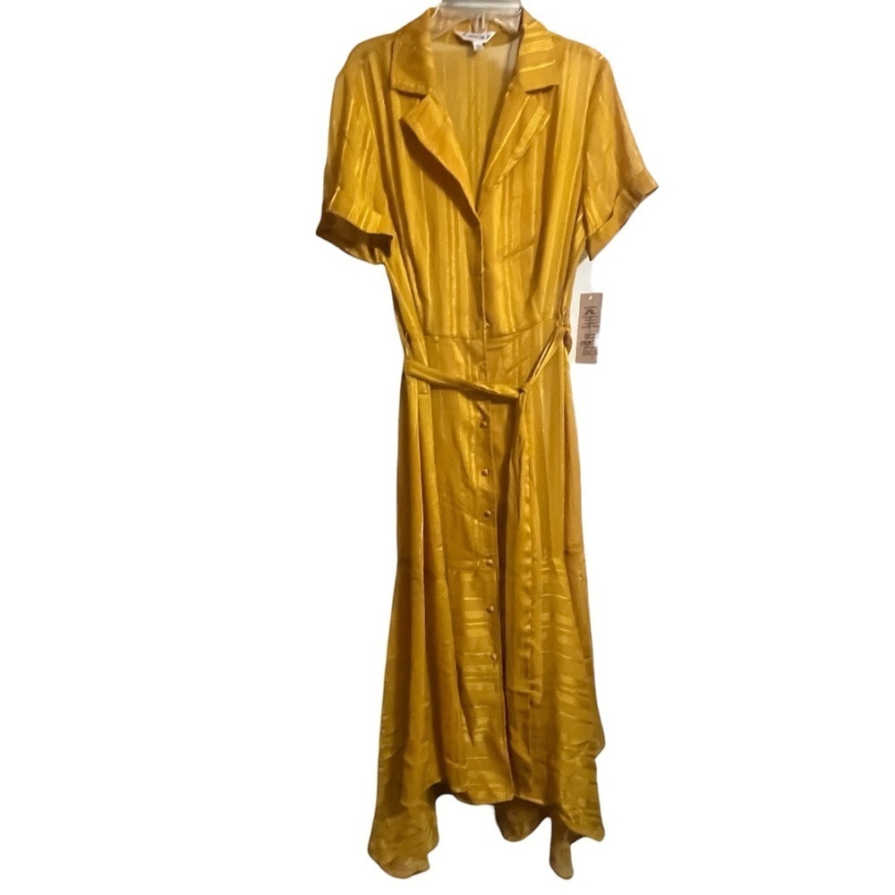 NWT Nanette Lepore Sheer Gold Sz 8 Shimmer Flowing button up belted Maxi dress - Picture 2 of 8